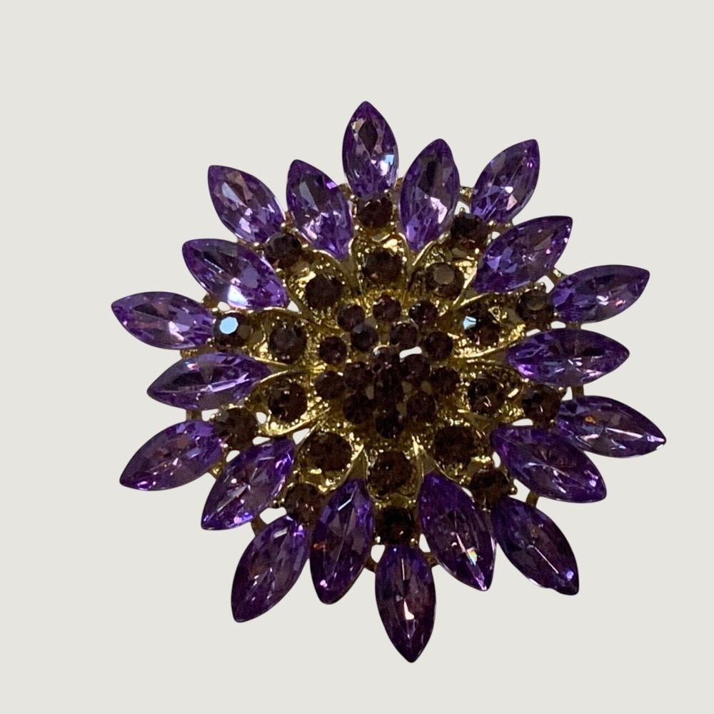 Vintage Purple Rhinestone Sunburst Brooch Gold Tone Marquise Crystal Pin 2.25"